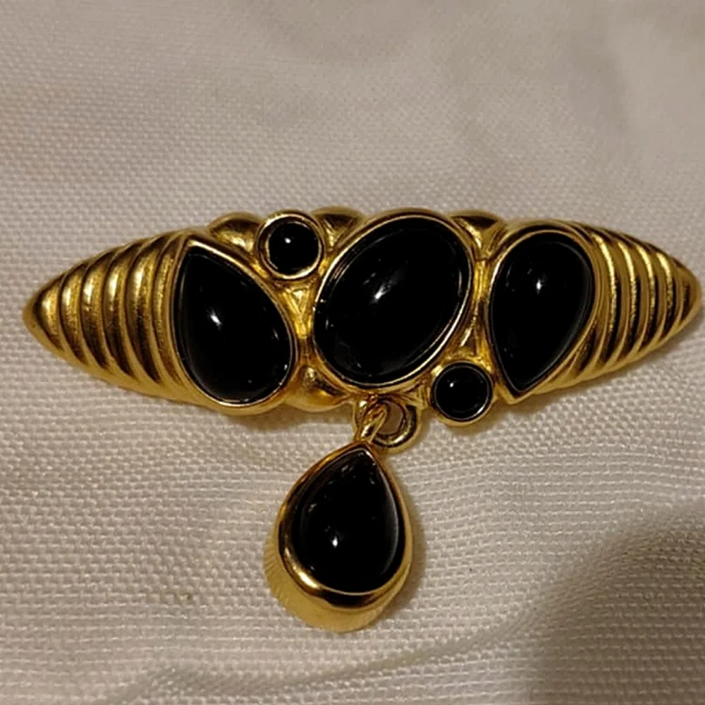 Vintage Gold Tone Black Glass Cabochon Bar Dangle Brooch Pin - Picture 3 of 8